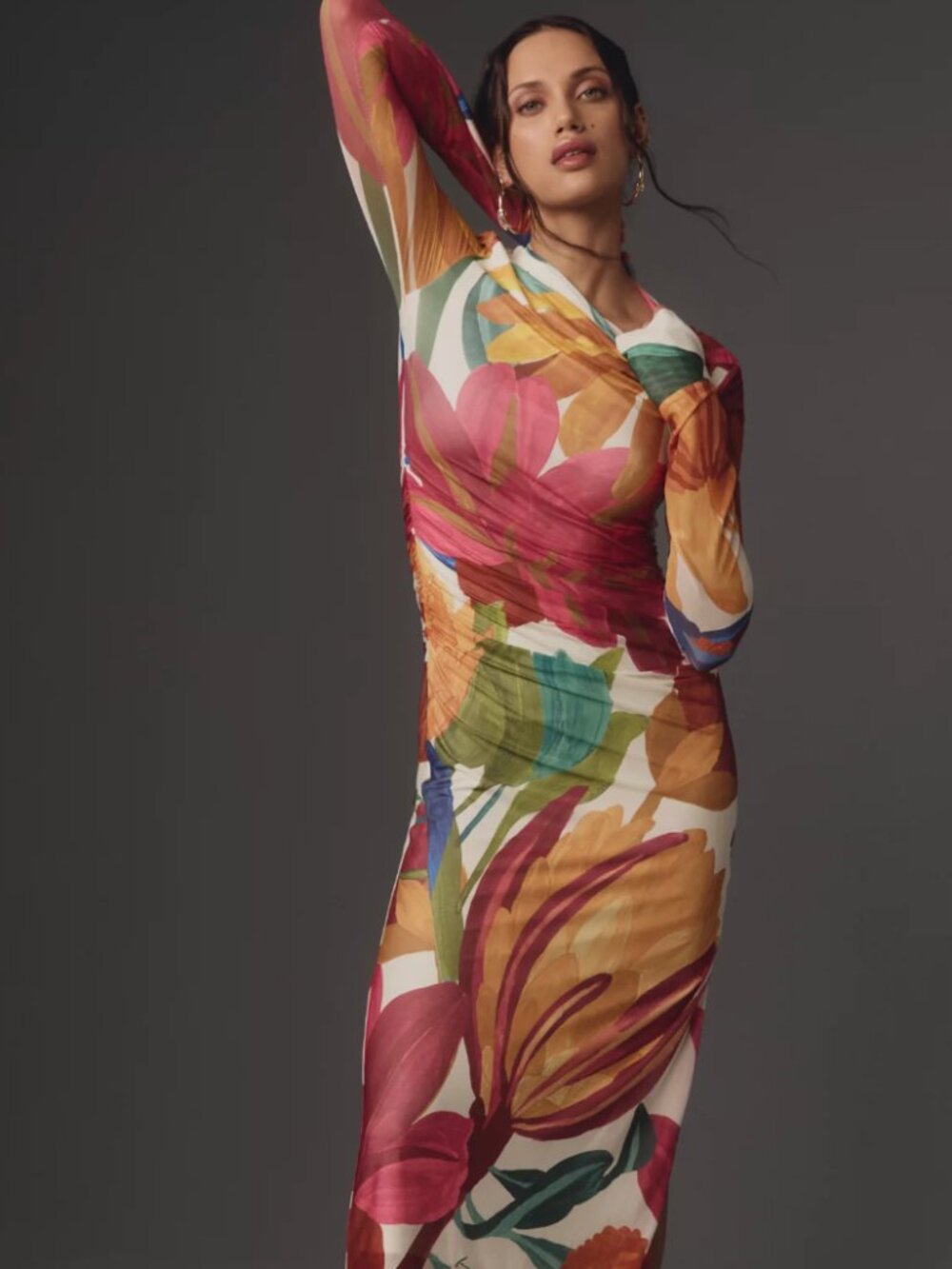 Anthropologie Farm Rio Long-Sleeve Mock-Neck Mesh Slim Midi Dress